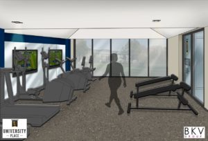 exercise room rendering concept in columbia student apartments